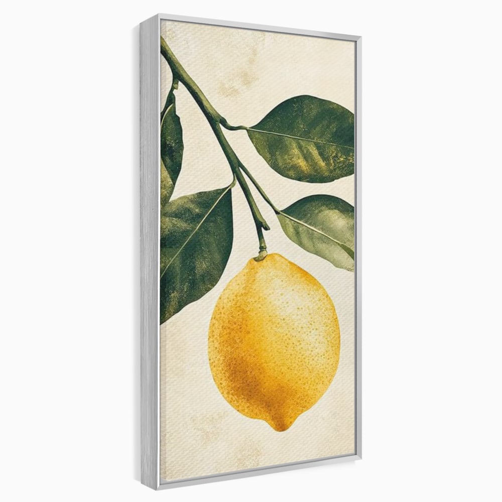 Tablou canvas cu ilustratie botanica cu lamaie si frunze, in rama de aluminiu argintiu